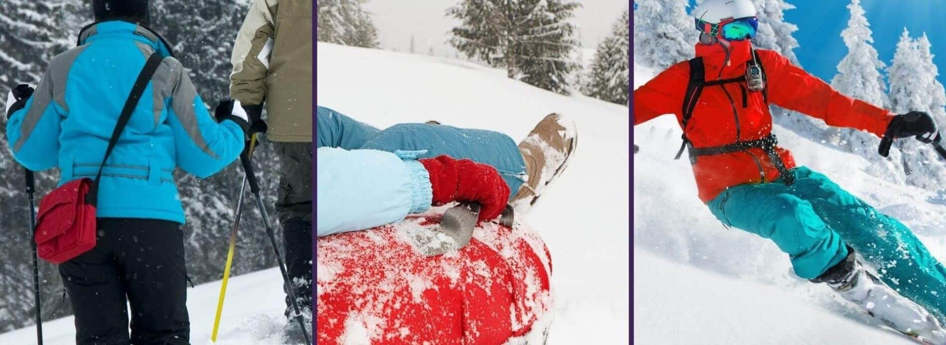 Group snowshoeing, someone snow tubing, a skier