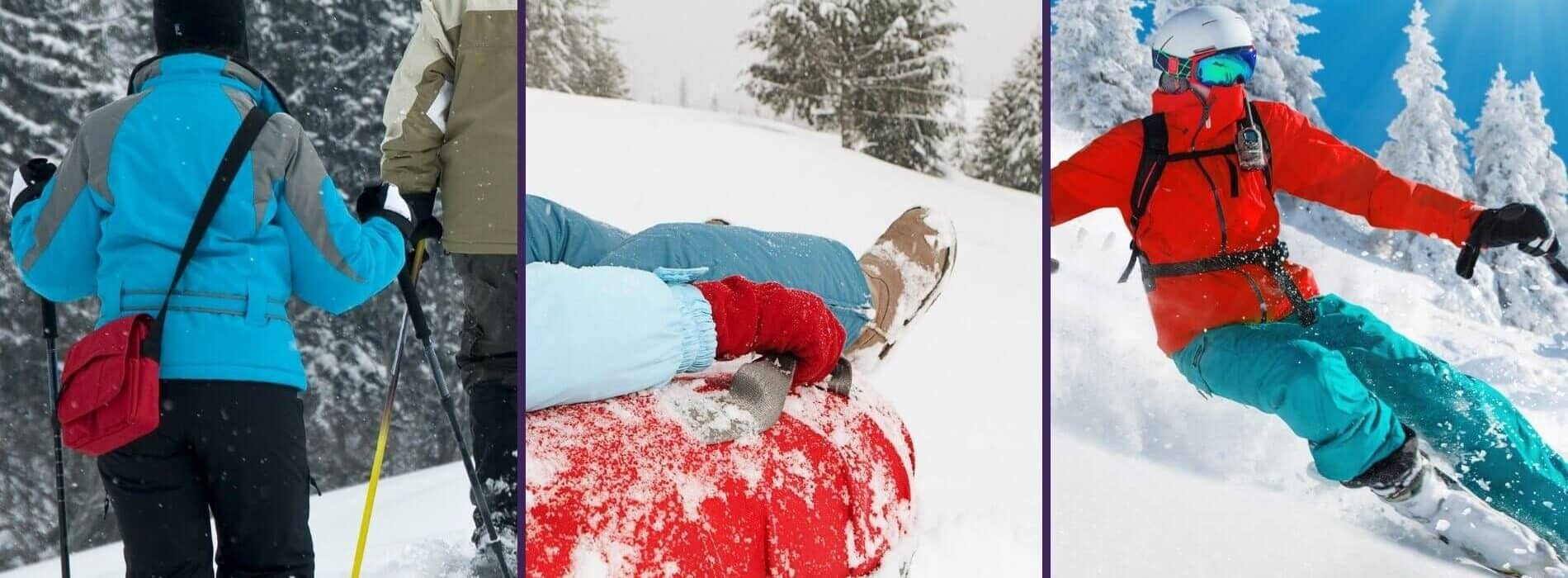 Group snowshoeing, someone snow tubing, a skier