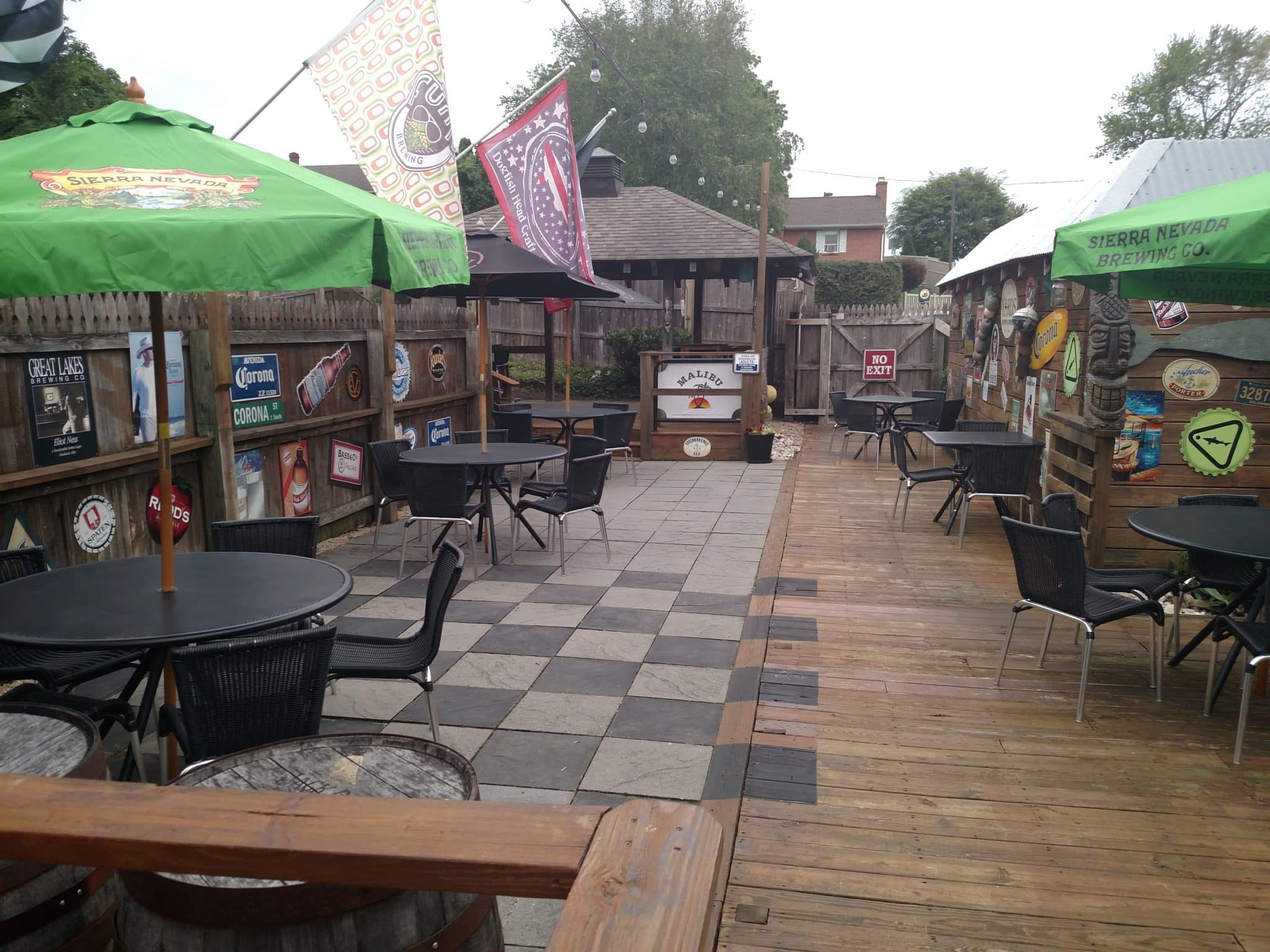 deck of the Blue Bird restaurant showing several tables and gazebo