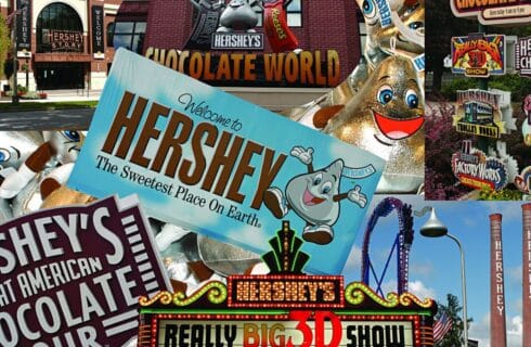 Mosaic picture comprising of several advertisements for attractions in Hershey PA.