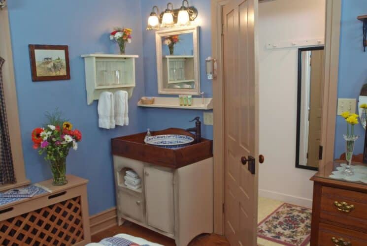 Bedroom blue walls, dresser with TV, sink vanity with mirror, doorway to a shower room