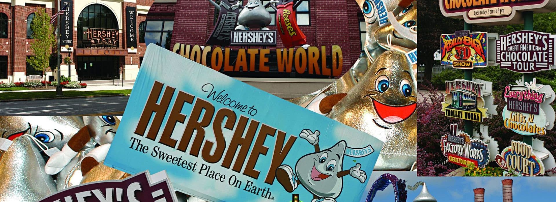 Mosaic picture comprising of several advertisements for attractions in Hershey PA.