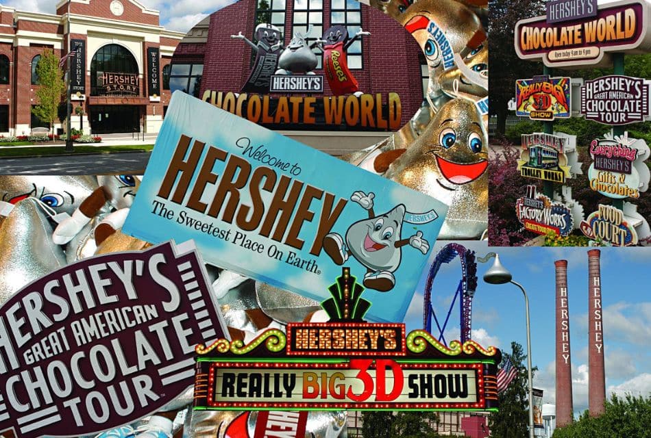 Mosaic picture comprising of several advertisements for attractions in Hershey PA.